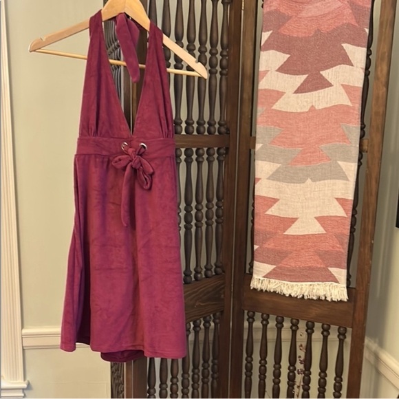 Resort Wear 3 PC Set Burgundy Halter Terry Dress Organic Burgundy Gray Wrap NEW - Picture 2 of 16